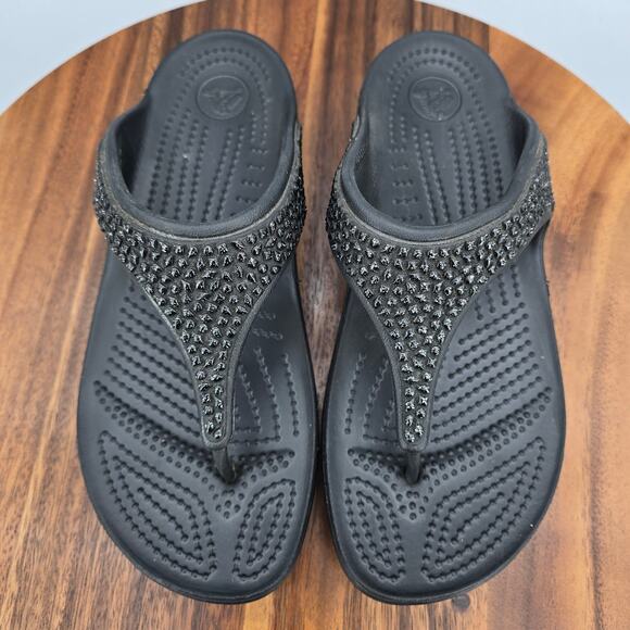 Crocs Sloane Sandals Womens 7 Black Embellished Thong Slip On Comfort Flip Flops - Picture 5 of 7